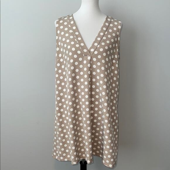 Mango Sleeveless V-Neck Tan Polka Dot Shift Dress Women's Large - Picture 1 of 5
